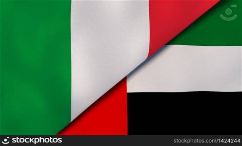 Two states flags of Italy and United Arab Emirates. High quality business background. 3d illustration. The flags of Italy and United Arab Emirates. News, reportage, business background. 3d illustration