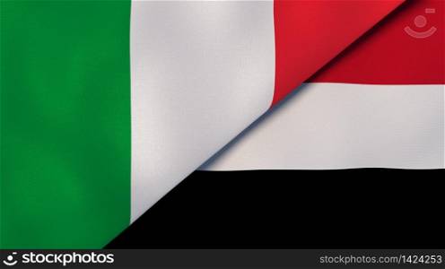 Two states flags of Italy and Yemen. High quality business background. 3d illustration. The flags of Italy and Yemen. News, reportage, business background. 3d illustration