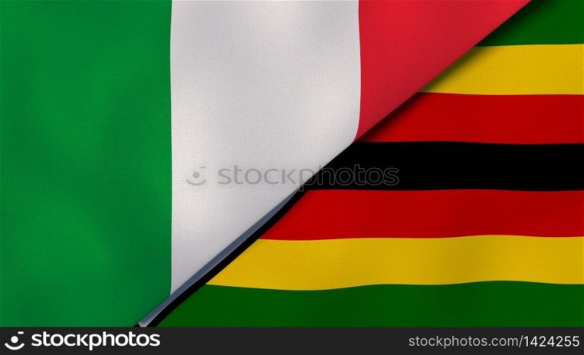 Two states flags of Italy and Zimbabwe. High quality business background. 3d illustration. The flags of Italy and Zimbabwe. News, reportage, business background. 3d illustration