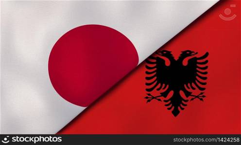 Two states flags of Japan and Albania. High quality business background. 3d illustration. The flags of Japan and Albania. News, reportage, business background. 3d illustration