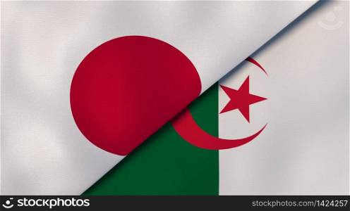Two states flags of Japan and Algeria. High quality business background. 3d illustration. The flags of Japan and Algeria. News, reportage, business background. 3d illustration