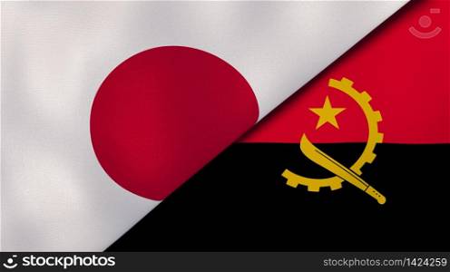 Two states flags of Japan and Angola. High quality business background. 3d illustration. The flags of Japan and Angola. News, reportage, business background. 3d illustration