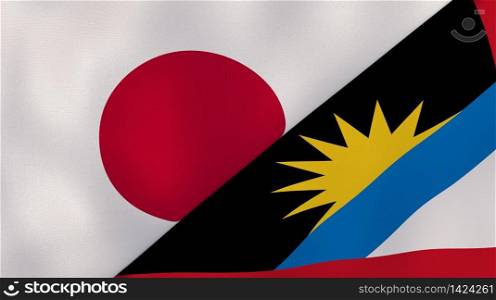 Two states flags of Japan and Antigua and Barbuda. High quality business background. 3d illustration. The flags of Japan and Antigua and Barbuda. News, reportage, business background. 3d illustration