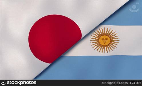 Two states flags of Japan and Argentina. High quality business background. 3d illustration. The flags of Japan and Argentina. News, reportage, business background. 3d illustration
