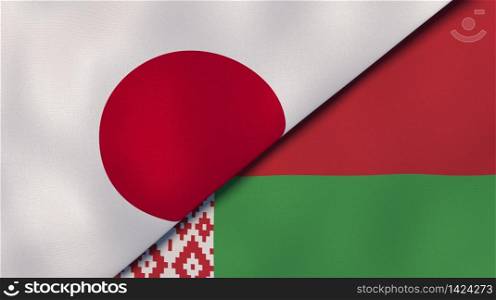 Two states flags of Japan and Belarus. High quality business background. 3d illustration. The flags of Japan and Belarus. News, reportage, business background. 3d illustration