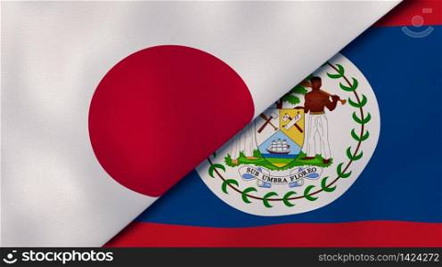 Two states flags of Japan and Belize. High quality business background. 3d illustration. The flags of Japan and Belize. News, reportage, business background. 3d illustration