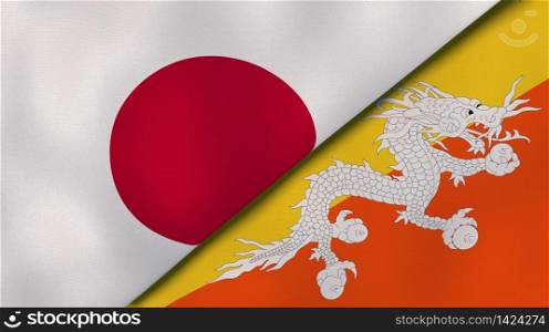 Two states flags of Japan and Bhutan. High quality business background. 3d illustration. The flags of Japan and Bhutan. News, reportage, business background. 3d illustration