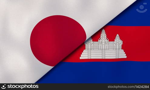 Two states flags of Japan and Cambodia . High quality business background. 3d illustration. The flags of Japan and Cambodia . News, reportage, business background. 3d illustration