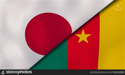 Two states flags of Japan and Cameroon. High quality business background. 3d illustration. The flags of Japan and Cameroon. News, reportage, business background. 3d illustration