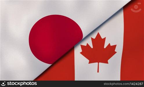 Two states flags of Japan and Canada. High quality business background. 3d illustration. The flags of Japan and Canada. News, reportage, business background. 3d illustration