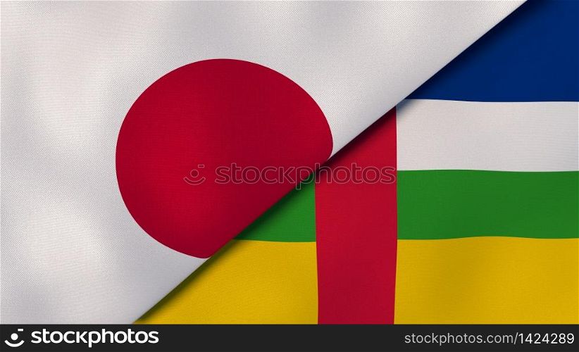 Two states flags of Japan and Central African Republic. High quality business background. 3d illustration. The flags of Japan and Central African Republic. News, reportage, business background. 3d illustration