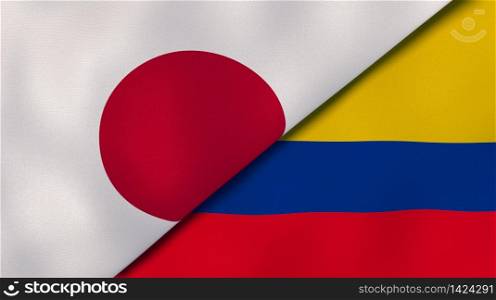 Two states flags of Japan and Colombia. High quality business background. 3d illustration. The flags of Japan and Colombia. News, reportage, business background. 3d illustration