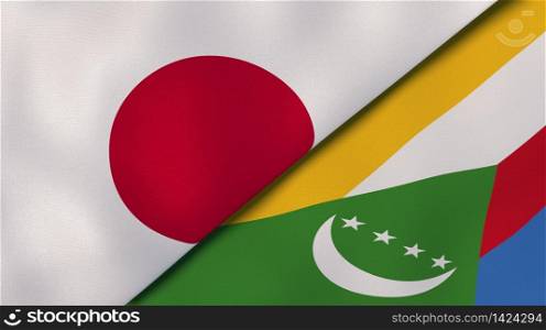 Two states flags of Japan and Comoros. High quality business background. 3d illustration. The flags of Japan and Comoros. News, reportage, business background. 3d illustration