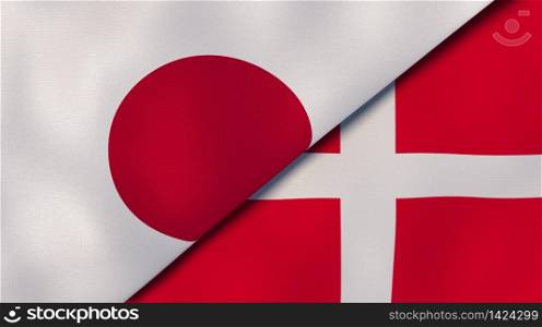 Two states flags of Japan and Denmark. High quality business background. 3d illustration. The flags of Japan and Denmark. News, reportage, business background. 3d illustration