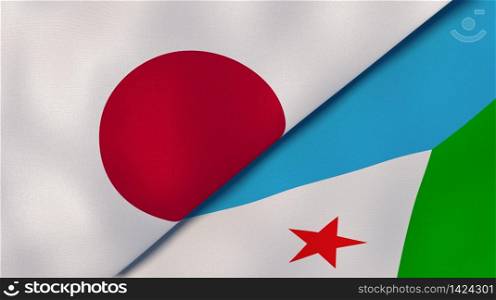 Two states flags of Japan and Djibouti. High quality business background. 3d illustration. The flags of Japan and Djibouti. News, reportage, business background. 3d illustration