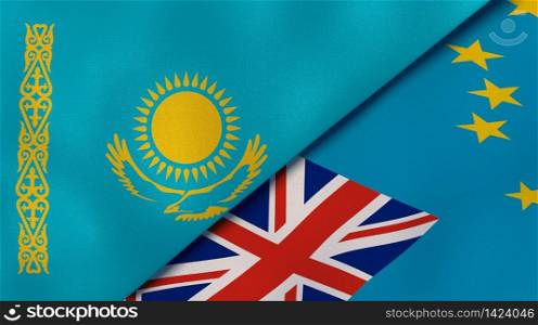 Two states flags of Kazakhstan and Tuvalu. High quality business background. 3d illustration. The flags of Kazakhstan and Tuvalu. News, reportage, business background. 3d illustration