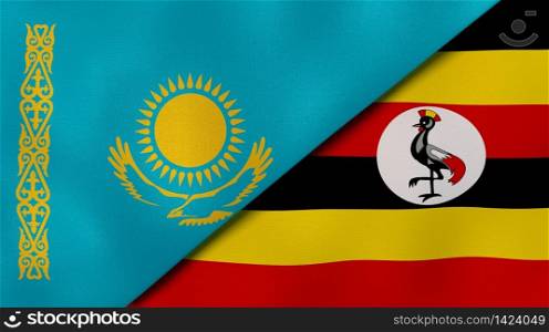 Two states flags of Kazakhstan and Uganda. High quality business background. 3d illustration. The flags of Kazakhstan and Uganda. News, reportage, business background. 3d illustration