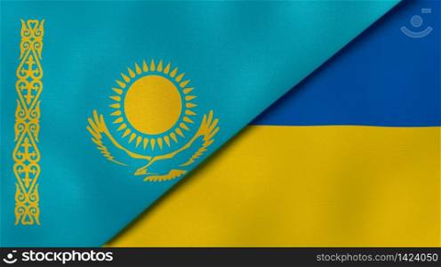 Two states flags of Kazakhstan and Ukraine. High quality business background. 3d illustration. The flags of Kazakhstan and Ukraine. News, reportage, business background. 3d illustration