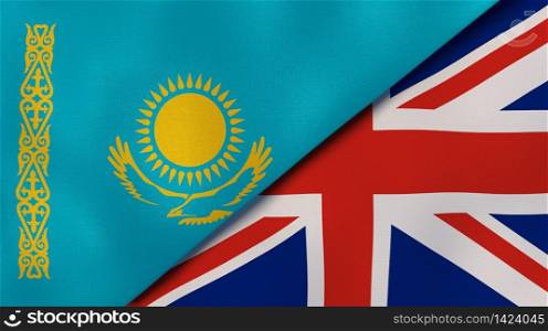 Two states flags of Kazakhstan and United Kingdom. High quality business background. 3d illustration. The flags of Kazakhstan and United Kingdom. News, reportage, business background. 3d illustration