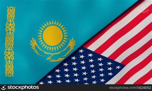 Two states flags of Kazakhstan and United States. High quality business background. 3d illustration. The flags of Kazakhstan and United States. News, reportage, business background. 3d illustration