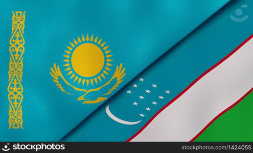 Two states flags of Kazakhstan and Uzbekistan. High quality business background. 3d illustration. The flags of Kazakhstan and Uzbekistan. News, reportage, business background. 3d illustration