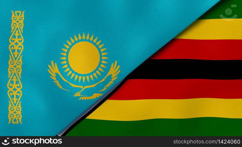 Two states flags of Kazakhstan and Zimbabwe. High quality business background. 3d illustration. The flags of Kazakhstan and Zimbabwe. News, reportage, business background. 3d illustration