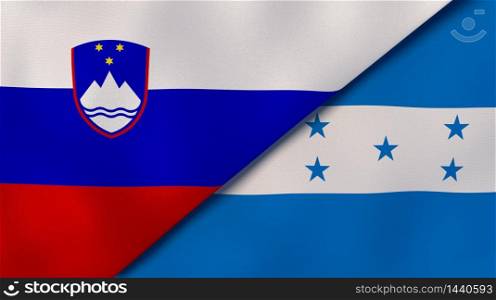 Two states flags of Slovenia and Honduras. High quality business background. 3d illustration. The flags of Slovenia and Honduras. News, reportage, business background. 3d illustration