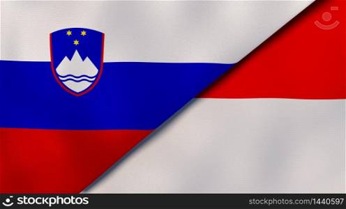 Two states flags of Slovenia and Indonesia. High quality business background. 3d illustration. The flags of Slovenia and Indonesia. News, reportage, business background. 3d illustration