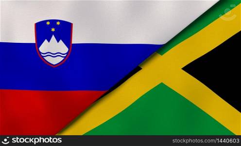 Two states flags of Slovenia and Jamaica. High quality business background. 3d illustration. The flags of Slovenia and Jamaica. News, reportage, business background. 3d illustration