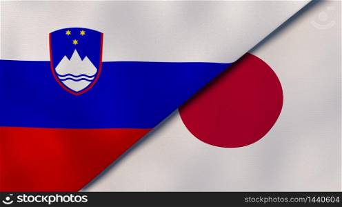 Two states flags of Slovenia and Japan. High quality business background. 3d illustration. The flags of Slovenia and Japan. News, reportage, business background. 3d illustration