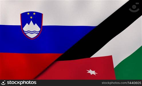 Two states flags of Slovenia and Jordan. High quality business background. 3d illustration. The flags of Slovenia and Jordan. News, reportage, business background. 3d illustration