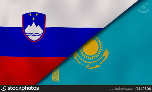 Two states flags of Slovenia and Kazakhstan. High quality business background. 3d illustration. The flags of Slovenia and Kazakhstan. News, reportage, business background. 3d illustration