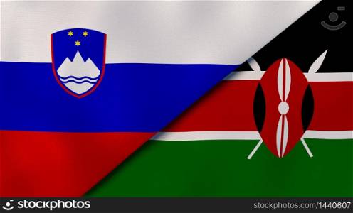 Two states flags of Slovenia and Kenya. High quality business background. 3d illustration. The flags of Slovenia and Kenya. News, reportage, business background. 3d illustration