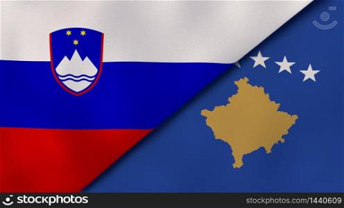 Two states flags of Slovenia and Kosovo. High quality business background. 3d illustration. The flags of Slovenia and Kosovo. News, reportage, business background. 3d illustration