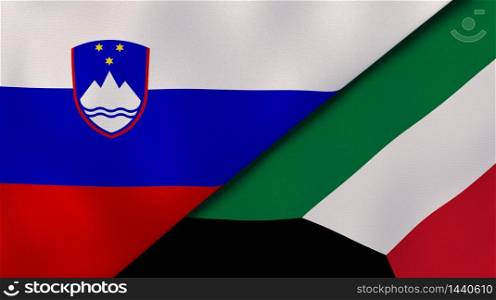 Two states flags of Slovenia and Kuwait. High quality business background. 3d illustration. The flags of Slovenia and Kuwait. News, reportage, business background. 3d illustration