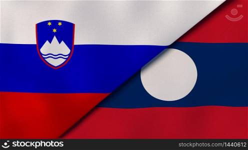 Two states flags of Slovenia and Laos. High quality business background. 3d illustration. The flags of Slovenia and Laos. News, reportage, business background. 3d illustration