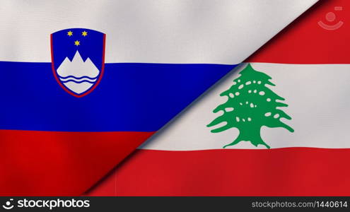 Two states flags of Slovenia and Lebanon. High quality business background. 3d illustration. The flags of Slovenia and Lebanon. News, reportage, business background. 3d illustration