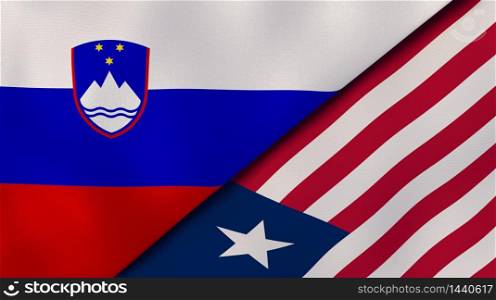 Two states flags of Slovenia and Liberia. High quality business background. 3d illustration. The flags of Slovenia and Liberia. News, reportage, business background. 3d illustration