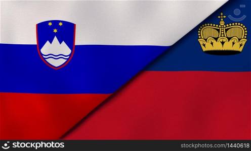 Two states flags of Slovenia and Liechtenstein. High quality business background. 3d illustration. The flags of Slovenia and Liechtenstein. News, reportage, business background. 3d illustration
