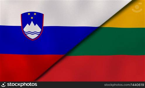 Two states flags of Slovenia and Lithuania. High quality business background. 3d illustration. The flags of Slovenia and Lithuania. News, reportage, business background. 3d illustration