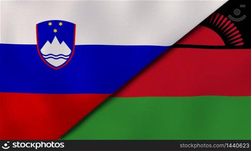 Two states flags of Slovenia and Malawi. High quality business background. 3d illustration. The flags of Slovenia and Malawi. News, reportage, business background. 3d illustration