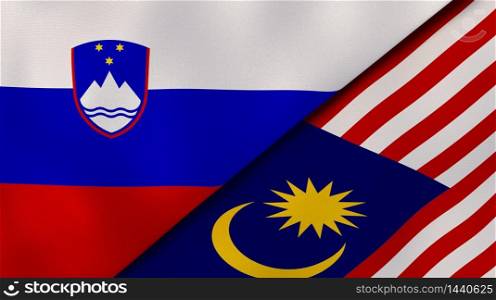 Two states flags of Slovenia and Malaysia. High quality business background. 3d illustration. The flags of Slovenia and Malaysia. News, reportage, business background. 3d illustration