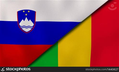 Two states flags of Slovenia and Mali. High quality business background. 3d illustration. The flags of Slovenia and Mali. News, reportage, business background. 3d illustration