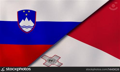 Two states flags of Slovenia and Malta. High quality business background. 3d illustration. The flags of Slovenia and Malta. News, reportage, business background. 3d illustration