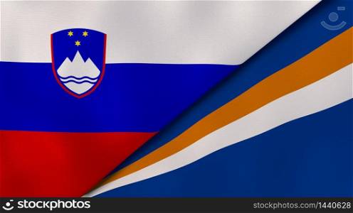 Two states flags of Slovenia and Marshall Islands. High quality business background. 3d illustration. The flags of Slovenia and Marshall Islands. News, reportage, business background. 3d illustration