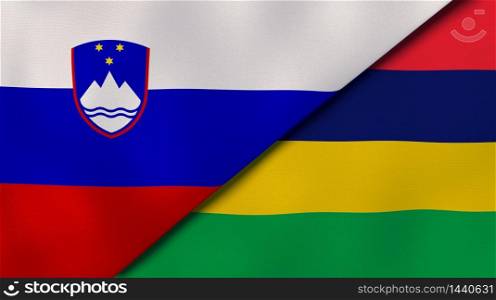 Two states flags of Slovenia and Mauritius. High quality business background. 3d illustration. The flags of Slovenia and Mauritius. News, reportage, business background. 3d illustration