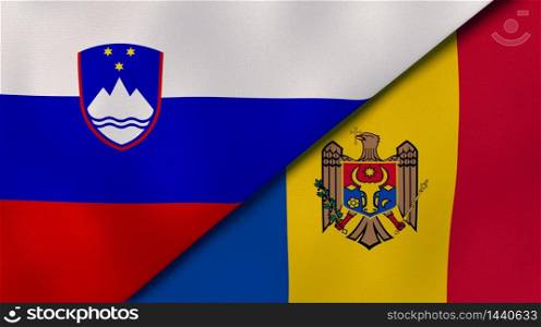 Two states flags of Slovenia and Moldova. High quality business background. 3d illustration. The flags of Slovenia and Moldova. News, reportage, business background. 3d illustration