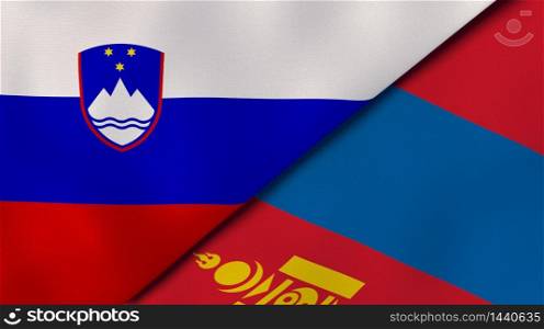 Two states flags of Slovenia and Mongolia. High quality business background. 3d illustration. The flags of Slovenia and Mongolia. News, reportage, business background. 3d illustration