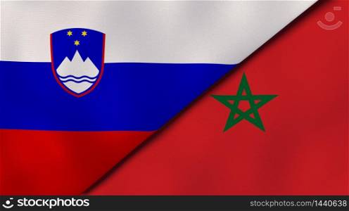 Two states flags of Slovenia and Morocco. High quality business background. 3d illustration. The flags of Slovenia and Morocco. News, reportage, business background. 3d illustration
