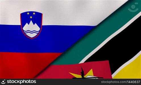 Two states flags of Slovenia and Mozambique. High quality business background. 3d illustration. The flags of Slovenia and Mozambique. News, reportage, business background. 3d illustration